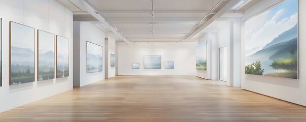 A refined art gallery with minimalist white walls and wooden floors, featuring a collection of serene landscape paintings that create a peaceful and inviting ambiance.
