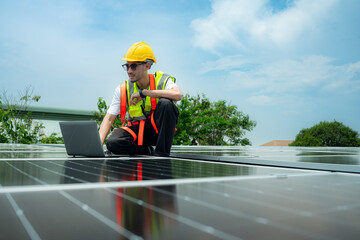 Technician inspects solar panel installation and test the operation of the panel