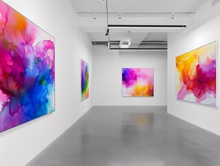 A refined art gallery with white walls and a minimalist design, displaying a series of large-scale paintings that captivate with their vibrant colors and intricate details.