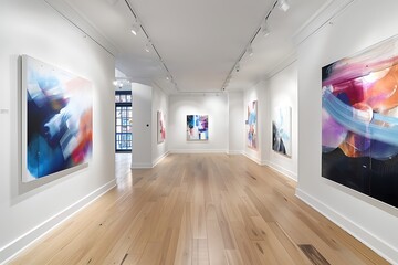 A refined art gallery with white walls and hardwood floors, displaying a series of abstract paintings in a clean and organized layout, enhancing their visual impact.