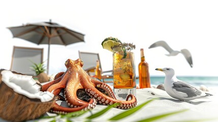 table with a drink and an octopus on it