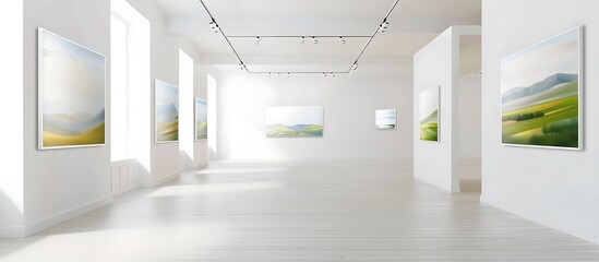 A refined art gallery with white walls and natural light, displaying a series of serene landscape paintings that evoke a sense of calm and tranquility.