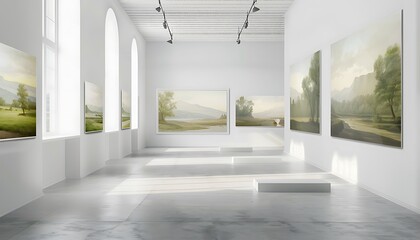 A refined art gallery with white walls and natural light, displaying a series of serene landscape paintings that evoke a sense of calm and peace.