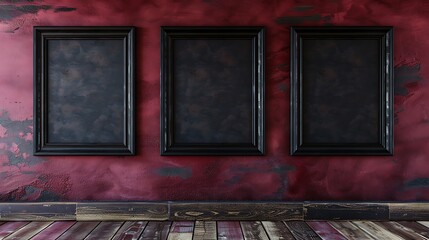 A rustic bedroom with a maroon wall, showcasing three empty black frames in a horizontal alignment.