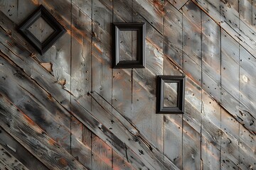 A rustic bedroom with a weathered wood wall, featuring three small empty black frames in a diagonal line.