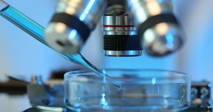 Scientist drips liquid into Petri dish using glass pipette