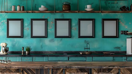 A rustic kitchen with a teal wall, displaying six small empty black frames in a line.