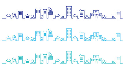 横長のシンプルな街並みのシルエットの線画イラストセット　背景イラスト　都市景