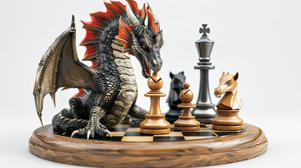 chess board with a dragon and chess pieces