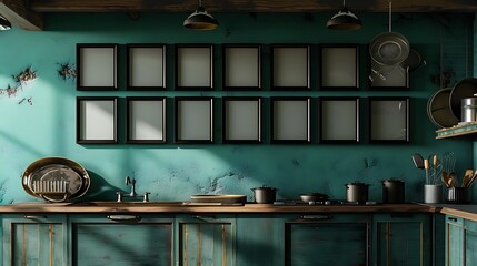 A rustic kitchen with a teal wall, displaying six small empty black frames in a line.