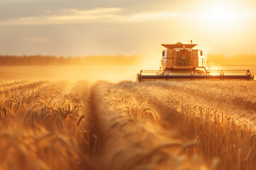 Fototapeta premium Combine Harvester in Golden Wheat Field at Sunset.