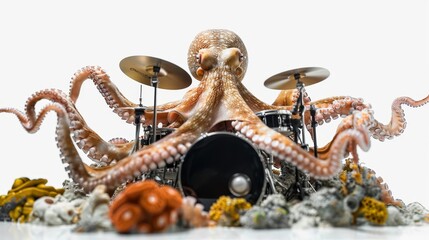 close up of an octopus playing a drum set