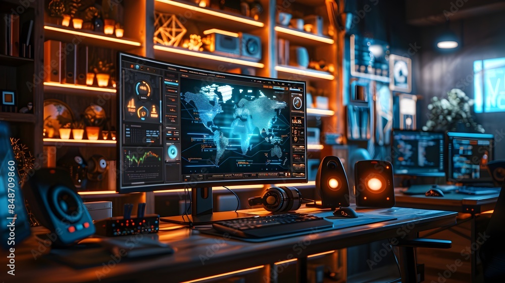 Poster cutting edge tech inspired workspace with sleek minimalist ui