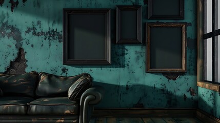 A rustic living room with a dark teal wall, displaying three small empty black frames in a diagonal stack.