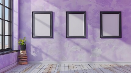 A rustic living room with a light purple wall, featuring three small empty black frames in a vertical stack.