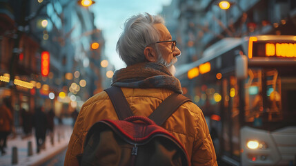 Obraz premium an old man carries a bag and travels alone. walking on the road in city.