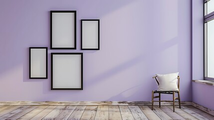 A rustic living room with a light purple wall, featuring three small empty black frames in a vertical stack.