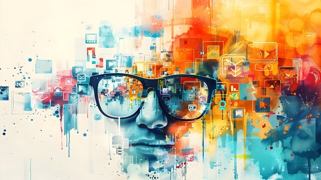 Vibrant Watercolor Rendering of SEO and Marketing Icons Capturing the Essence of Growth and Innovation