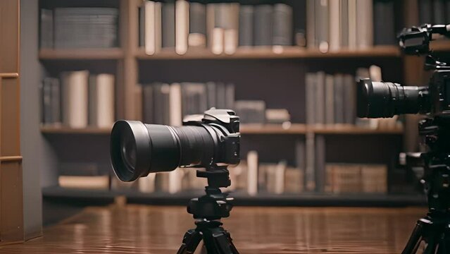 Two Cameras On Tripods In Library Setting Generative AI