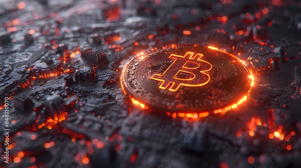 Poster gleaming crypto coin on a rough surface. reflecting wealth and prosperity.