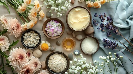  A collection of Shea butter care items displayed on a linen cloth with dried flowers and small stones.