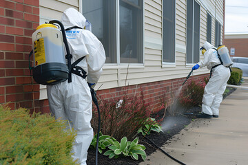 Professional Pest Control Team in Protective Gear Spraying Chemicals Around Building Exterior