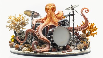 toy octopus plays with a drum set and a drum kit