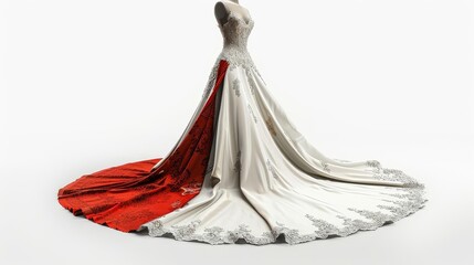 wedding dress with a red and white train