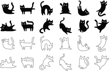 Cat icons Set in flat, line style. Animal silhouette Black Pet Symbol for templates, website designs and infographics, Drawing with children. Home animal sign editable stock on transparent background.