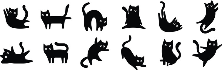 Cat icons Set in fill styles. Animal silhouettes Black Pet Symbols for templates, website designs and infographics, Drawing with children. Home animal signs vectors isolated on transparent background.