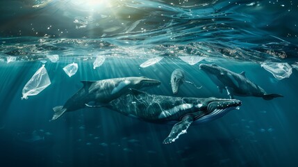 Fototapeta premium Whale in the sea full of plastic, environmental conservation concept