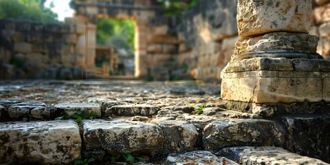 Jewish temple ruins observed on Tish BAv day of mourning. Concept Ancient ruins, Jewish history, religious observance, cultural heritage, Tish B'Av traditions