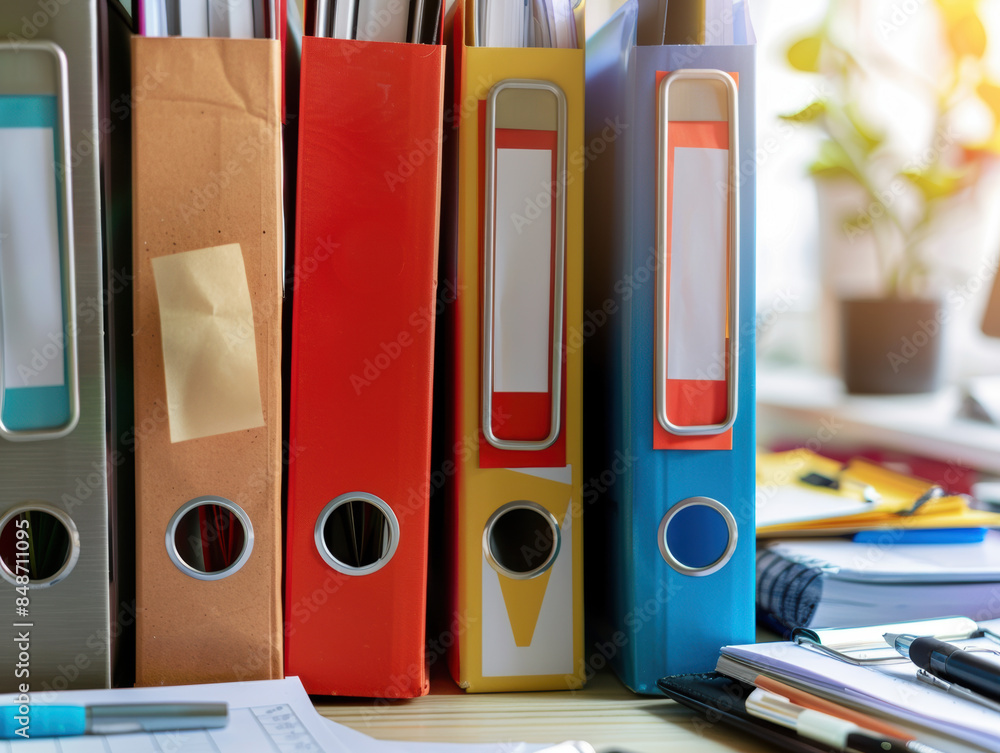 Poster a stack of binders with different colors and one of them has a yellow label