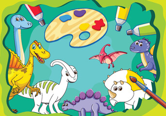 Dinosaurs and art supplies in a playful setting
