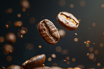 Fototapeta premium Coffee beans in flight on a dark background. Roasted coffee beans in dynamic motion, levitating gracefully on a sleek black background