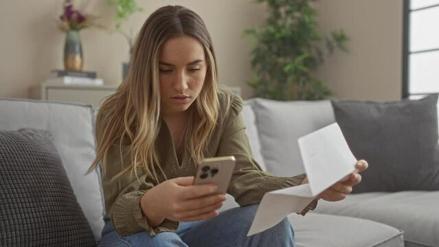 A young woman sits indoors on a couch, looking concerned while holding a smartphone and a piece of paper, creating a relatable image of everyday stress and financial worries.