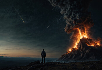 Obraz premium A man standing on the ground, looking up to the sky, near the Erupting Volcano Lava Mountain. Falling star in the sky. 