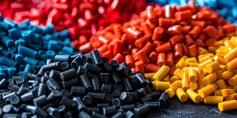 Obraz premium Assorted colors of high-density polyethylene pellets for industrial use. Concept High-density Polyethylene, Industrial Pellets, Assorted Colors, Packaging, Recyclable Materials