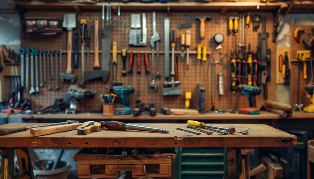 A woodworking shop with tools on a table