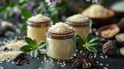  Jars of Shea butter products on a dark slate surface with scattered seeds and fresh leaves.