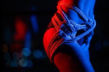 Close-up of a woman's belly in ropes tied using the Japanese shibari technique. 