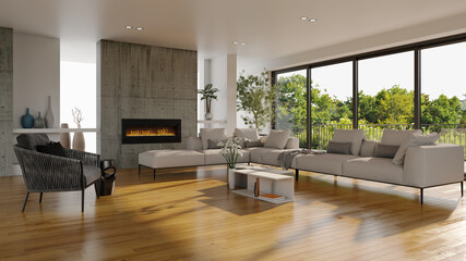Large luxury modern bright interiors Living room mockup illustration 3D rendering image