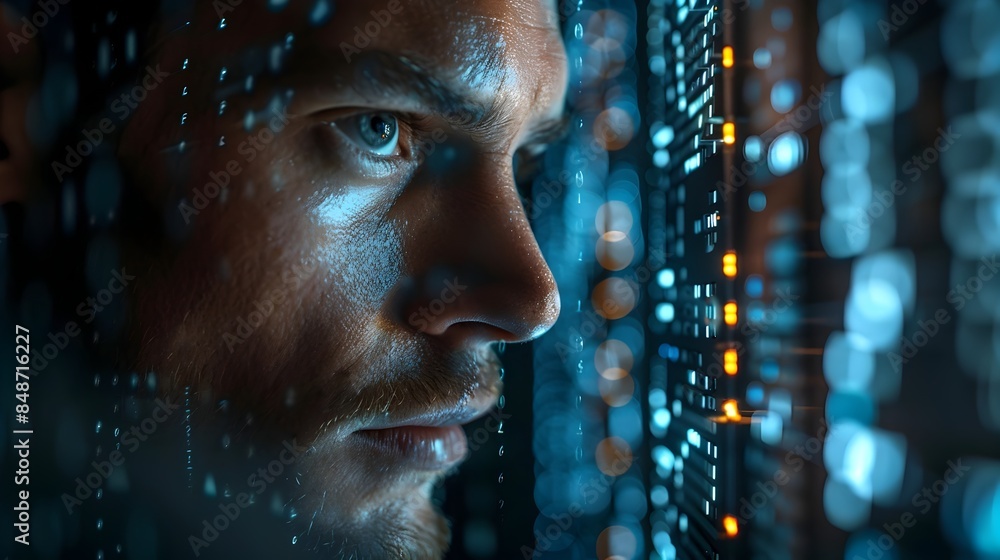 Poster cybersecurity analyst investigating potential data breach with high tech interface