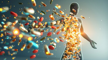 Graphic design with a clean background showing a human figure filled with holographic pills and capsules suitable for healthcare advertisements
