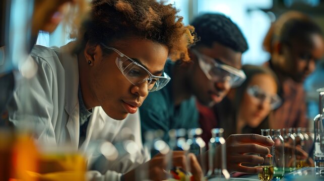 Diverse Students Collaborating on Science Project in Lab with Bright Details