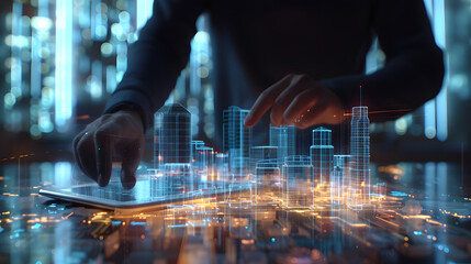 a man using digital tablet, and modern buildings hologram. Real estate business and building technology concept