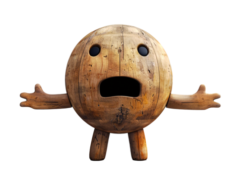 Wooden 3D Minimalist Figure Expressing Fear on White Background