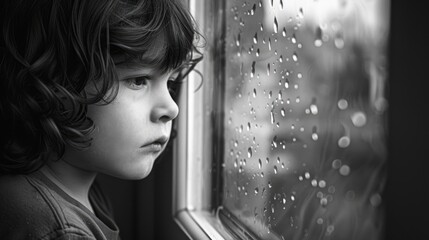 Sad child looking out of window deep in thought and feeling blue captured in a dramatic black and white photo childhood psychological disorder
