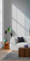 Minimalist living room interiors with contemporary furniture, bold contrasting colors and natural window lighting. Modern interior design composition.