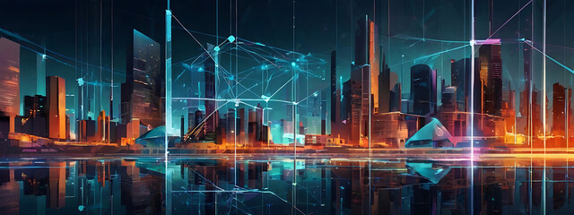 Obraz premium An abstract design reflecting the concept of smart cities, with interconnected networks, futuristic infrastructure, and digital interfaces portrayed through geometric shapes and a high-tech color pale